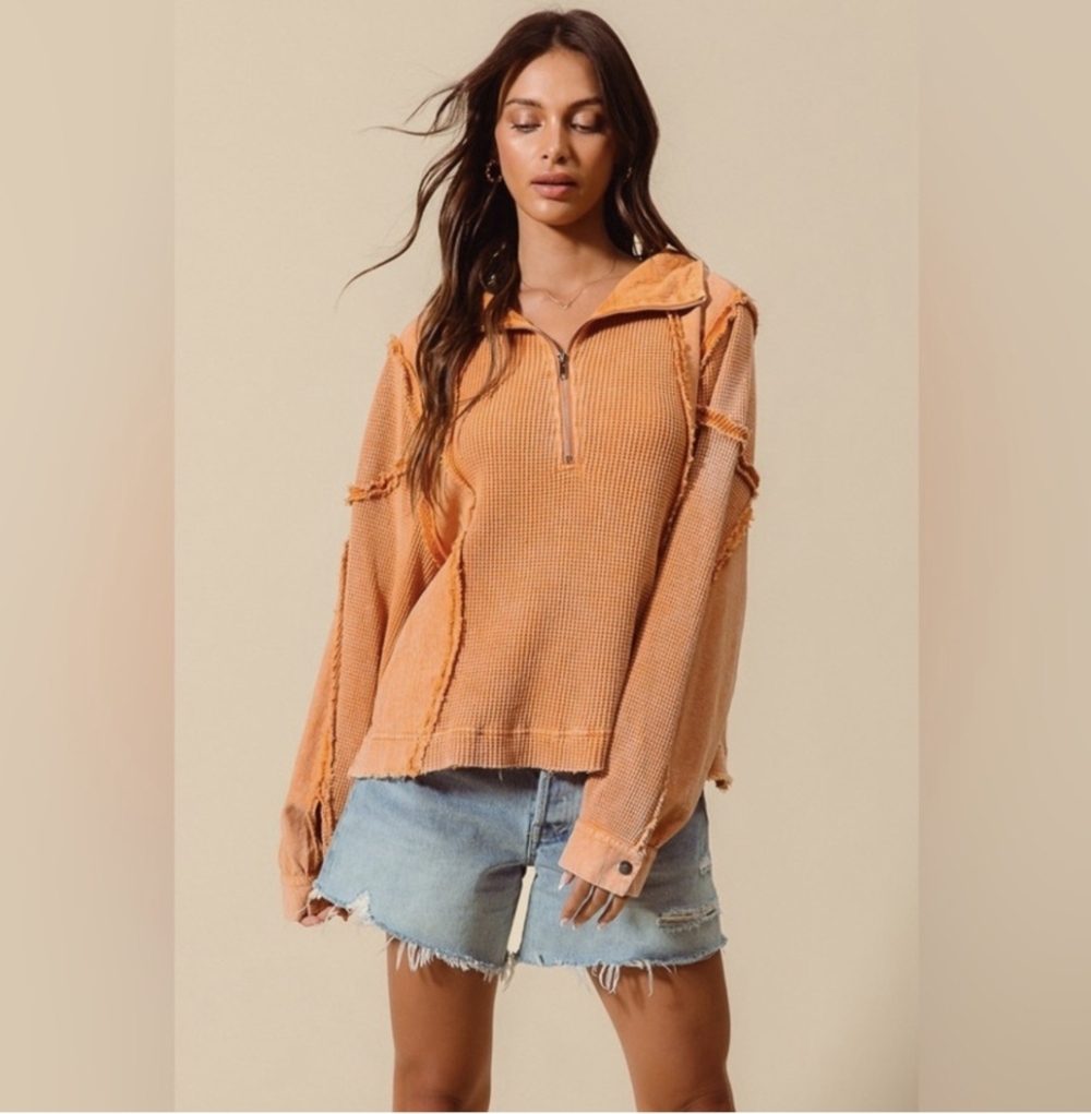 Rust mineral washed waffle thermal raw stitch zip hoodie pullover sweatshirt